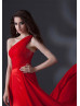 One Shoulder Red Chiffon Corset Back Minimalist Evening Dress